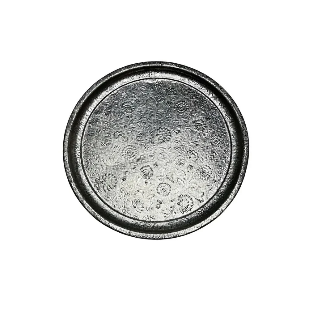 Textured Tea Tin Round Platter Tray Silver Tone 13in Vintage Floral Relief